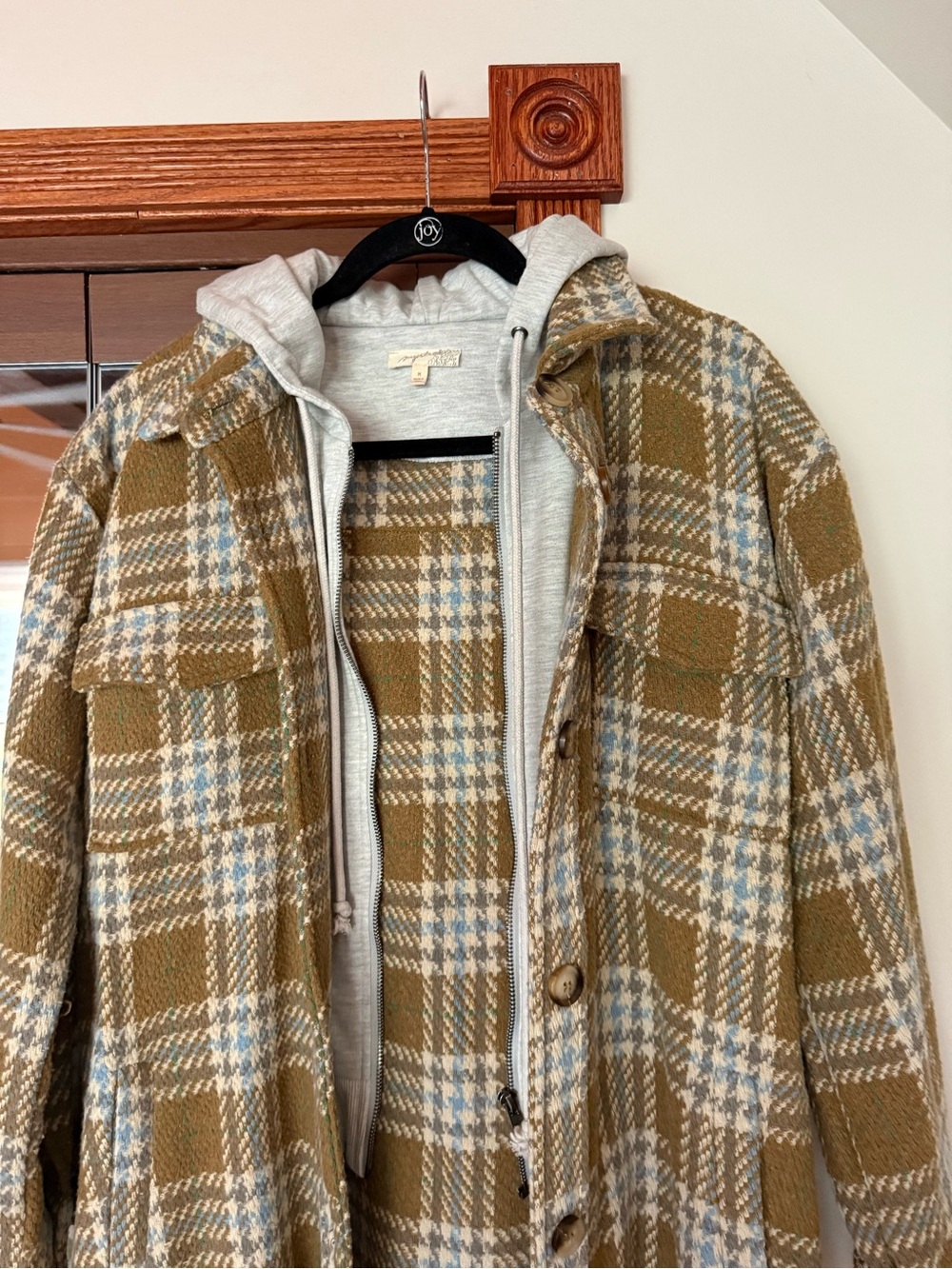 Plaid Hooded Wool-Blend Coat Jacket in Tan & Blue